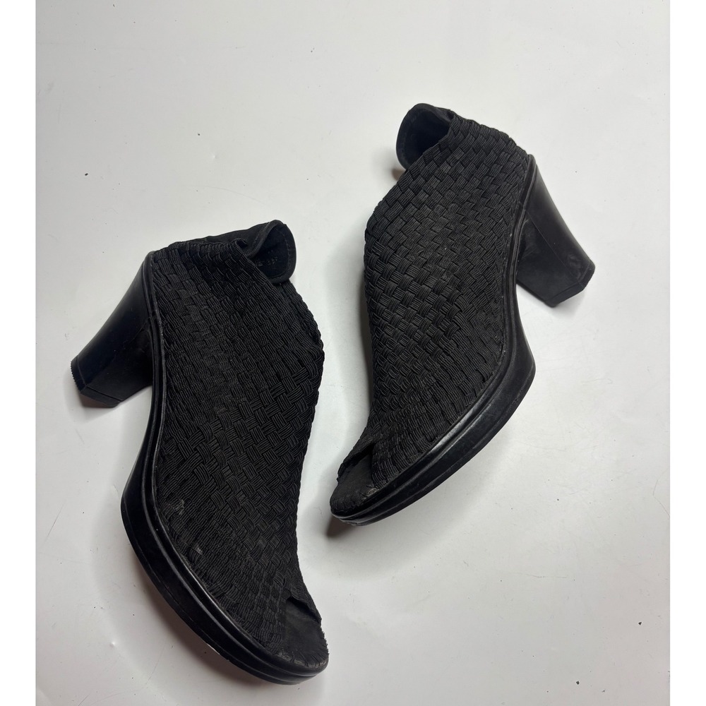 Dexflex Sport Black Woven Peep Toe Block Heel Booties Ankle Boots Womens 8